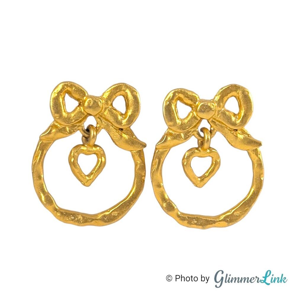 Vintage Gold Tone Bow and Heart Drop Earrings Matte Hammered Finish